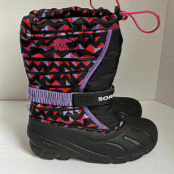 Sorel Youth‎ Flurry Print Winter Purple Pink Rubber Snow Boots Size 5 - Picture 2 of 11
